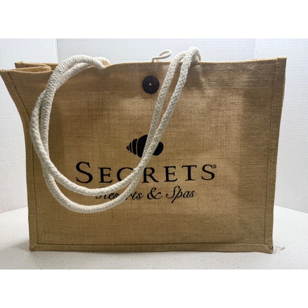 Secrets Resorts & Spas Jute Tote Bag Tan Burlap Rope Handle Beach Shopper